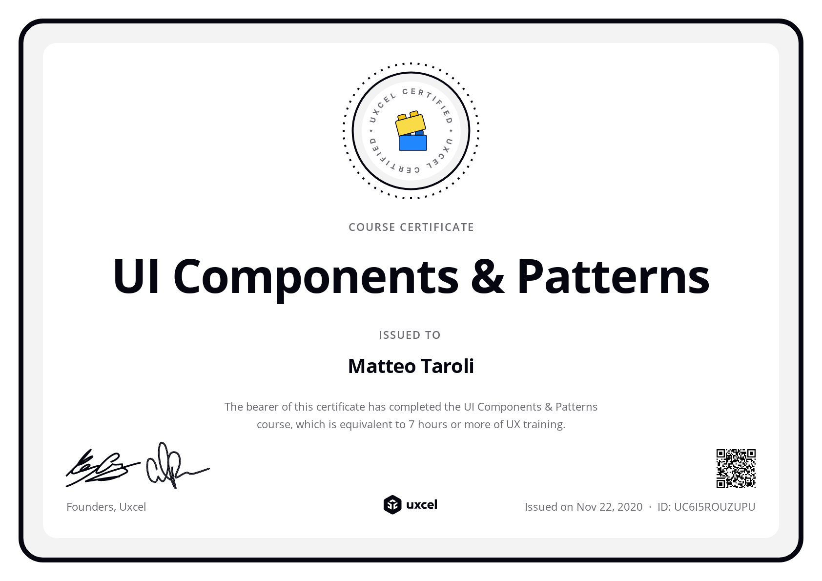 Matteo Taroli's certificate